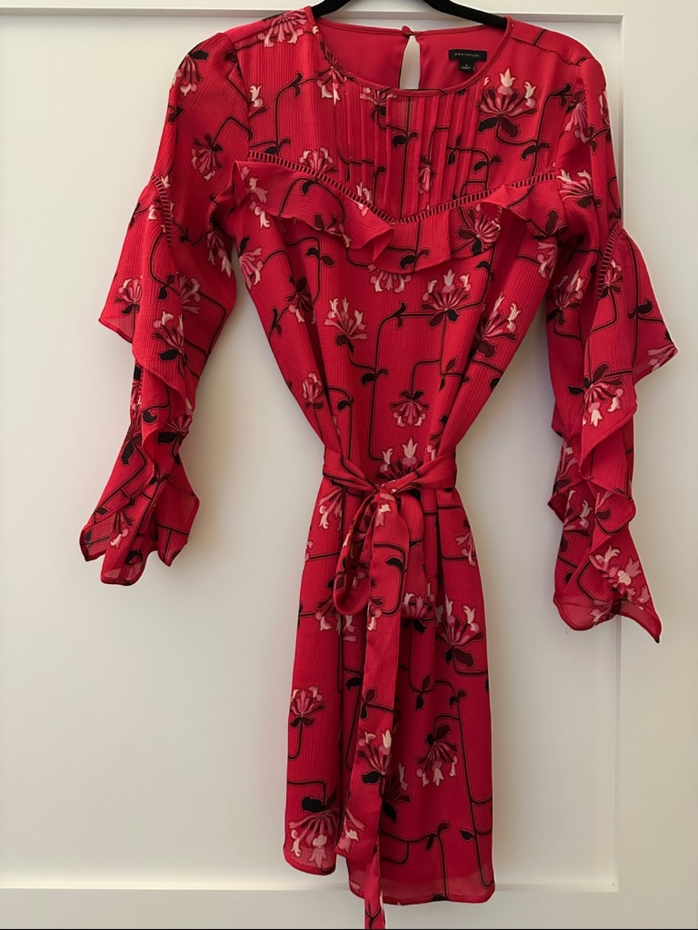 Ann Taylor Factory Pink Floral Ruffle Tie-Waist Mini Dress